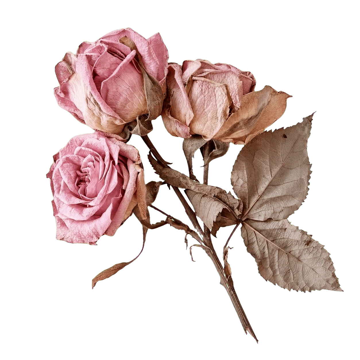 Pressed dried roses and leaves